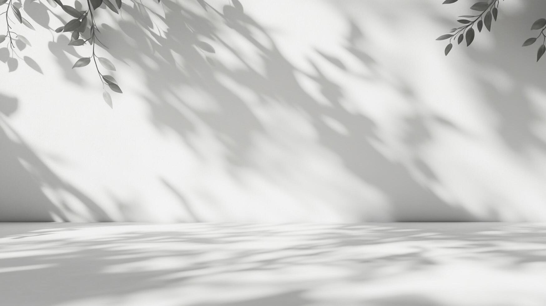 A serene and minimalistic backdrop featuring plant shadows dancing across a clean white wall, creating a tranquil, bright, and inviting space. photo