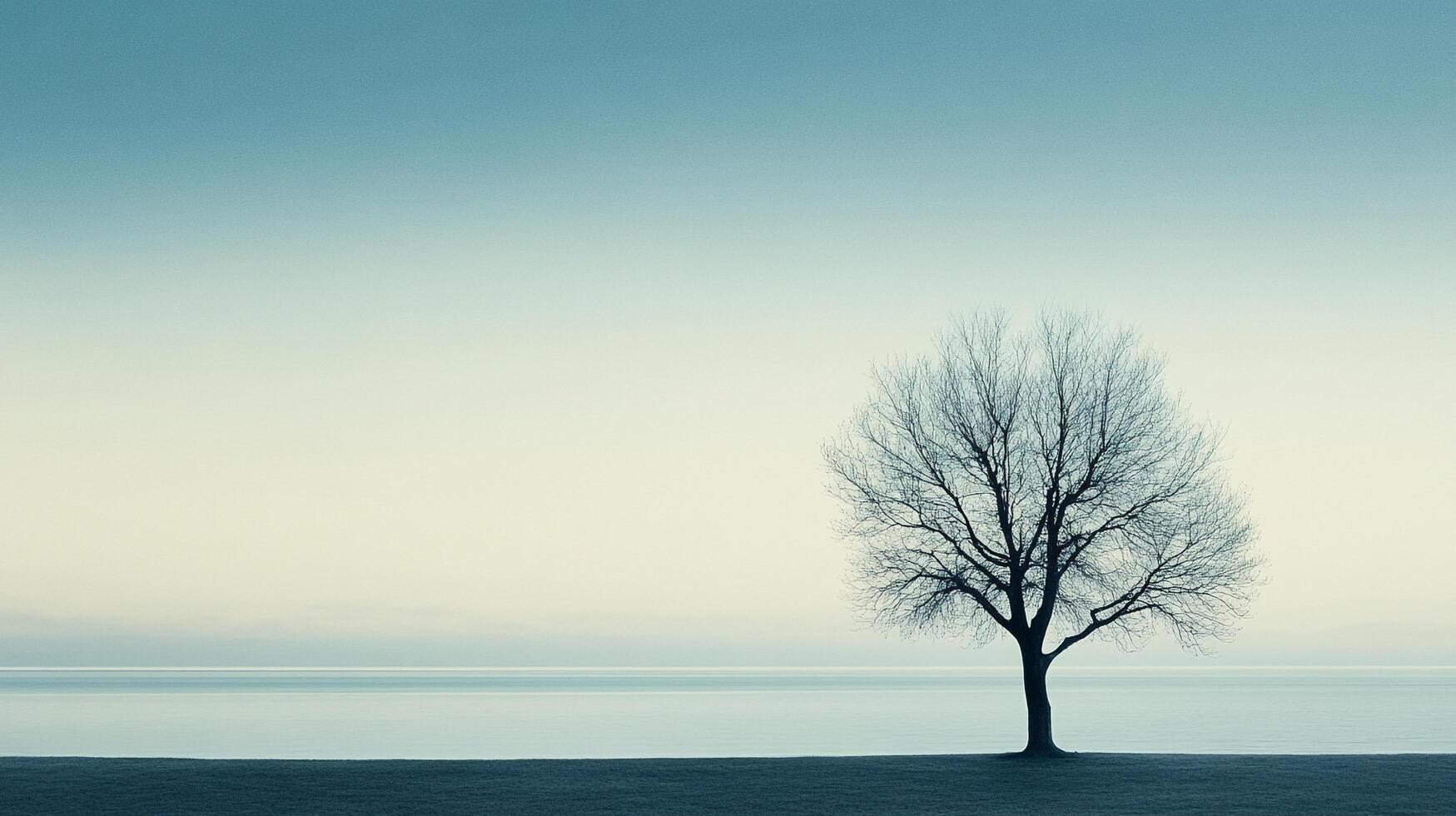 Solitary winter tree in a quiet, serene landscape. A calming presence against the pale sky and the stillness of the open water. photo