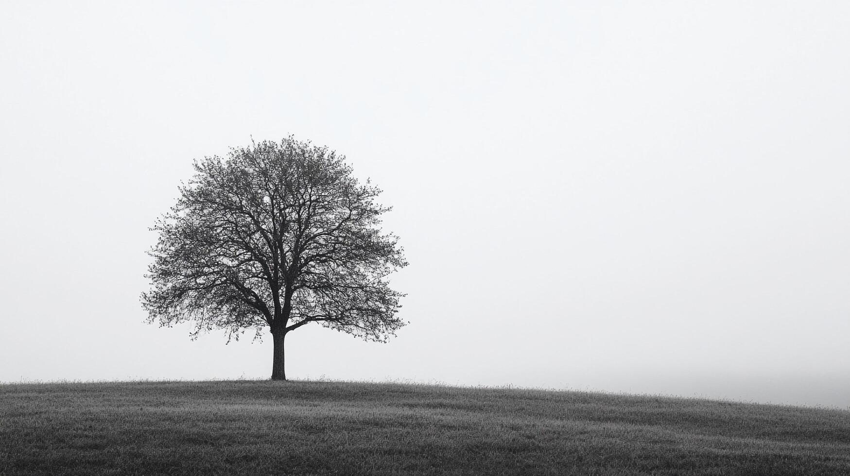 A solitary tree stands silhouetted against a white sky, creating a minimalist and serene landscape. The scene is quiet and evocative. photo