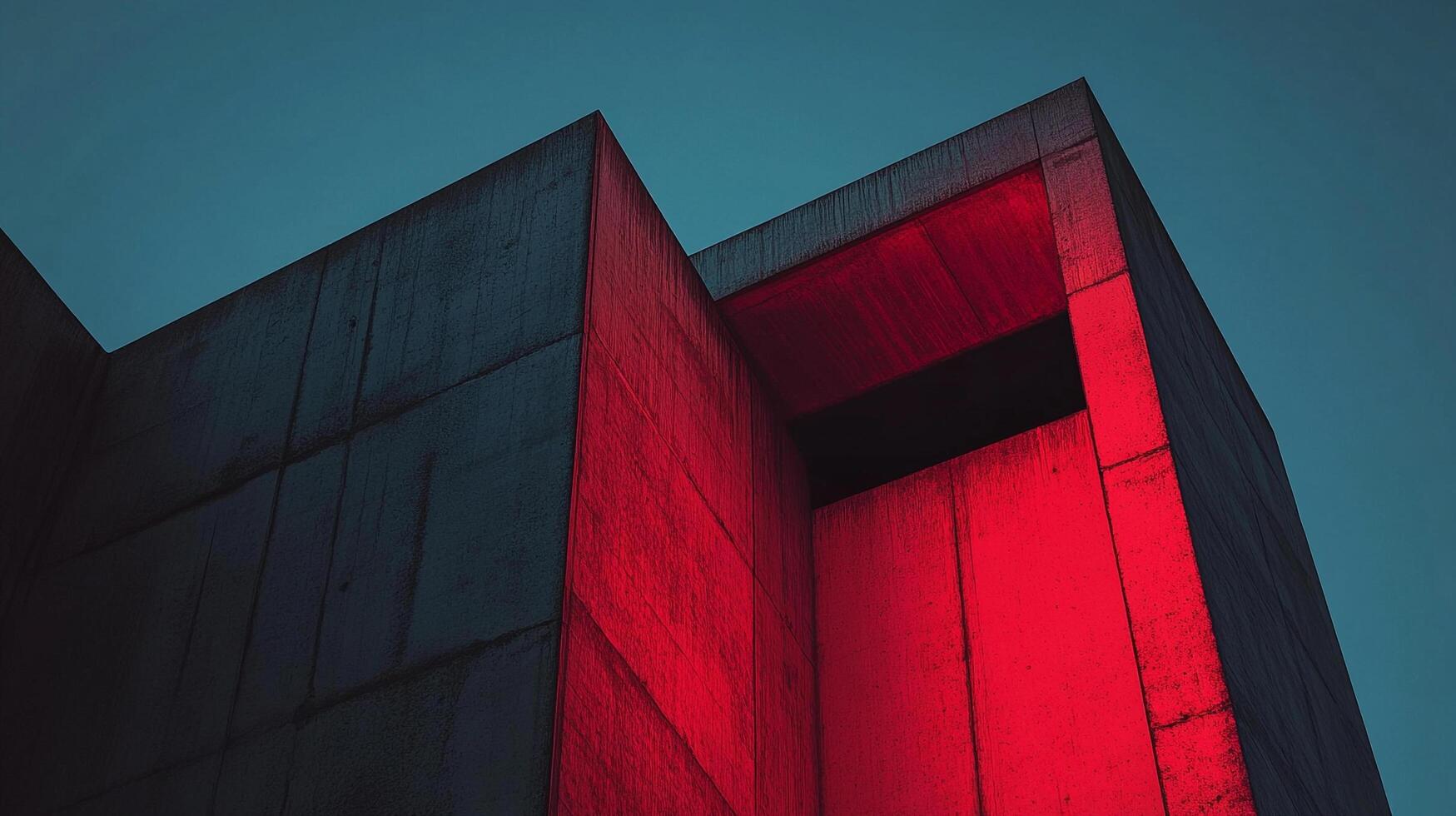Abstract architecture featuring bold geometric forms, accentuated by contrasting red lighting against a cool-toned dark blue sky. photo