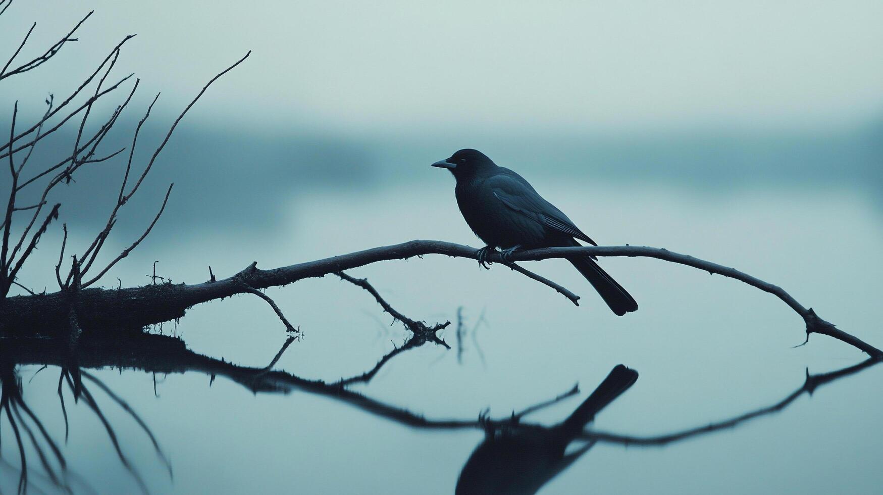 A dark bird sits on a branch over still water, its reflection mirrored in the tranquil surface. Branches reach out from the side. photo