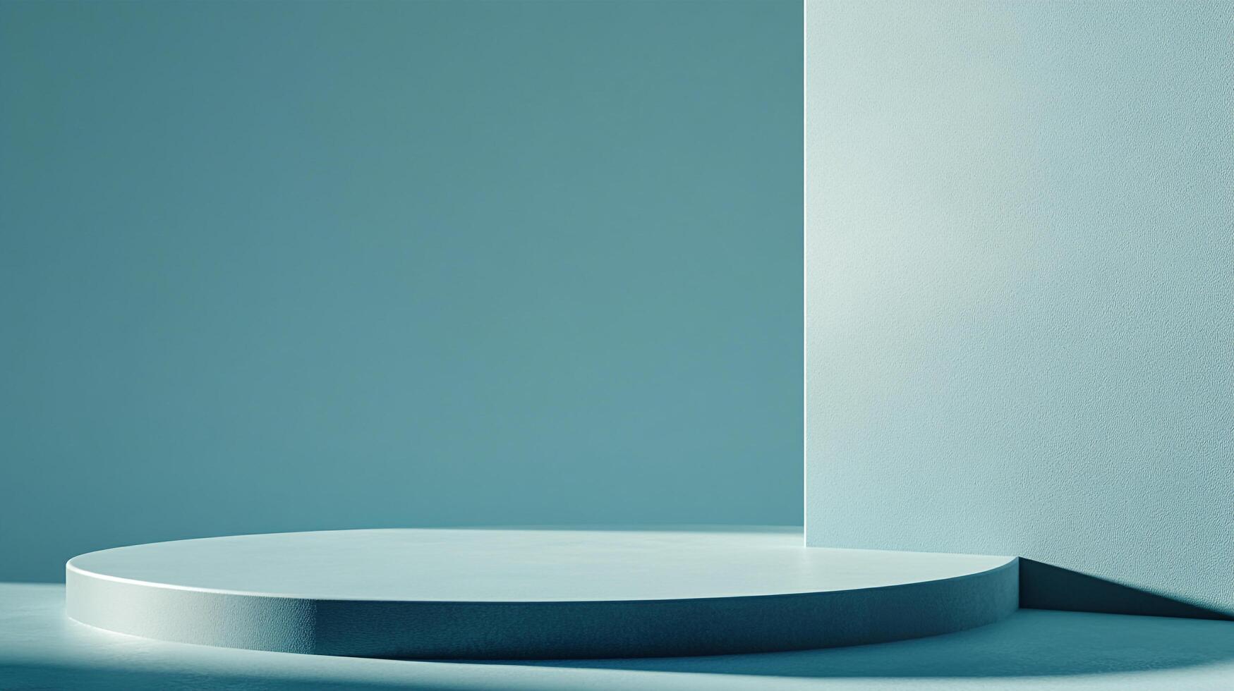 Minimalist stage in muted turquoise with geometric wall for product display or creative presentations in studio, casting subtle shadow. photo