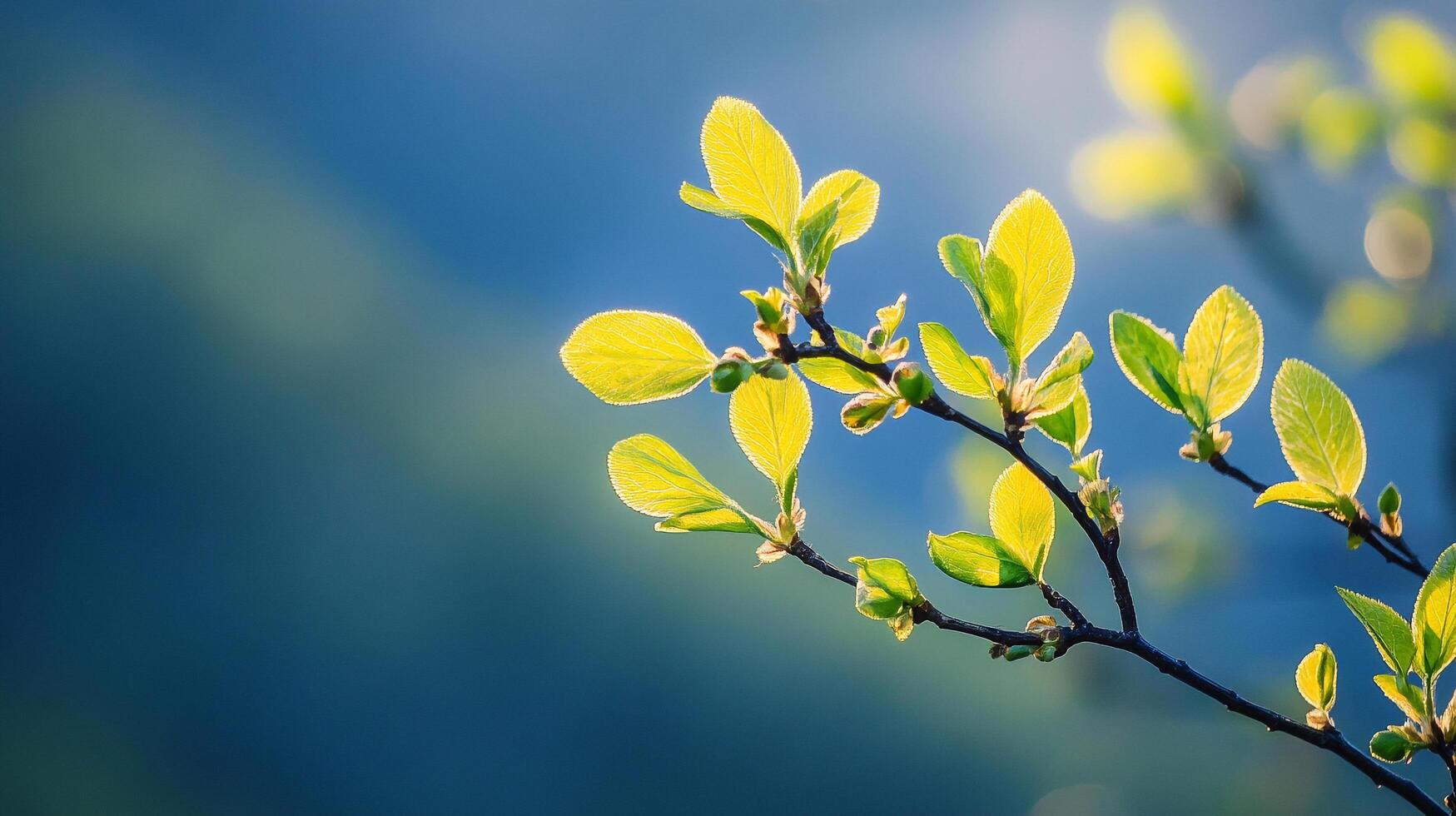 Spring branch with fresh green leaves, a vibrant symbol of new beginnings, flourishing under sunlight against a soft, blurred background. photo