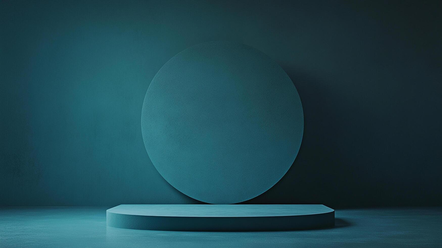 Minimalist product display setup with a rounded stage in a teal setting against a circular backdrop for showcasing items. Clean composition. photo