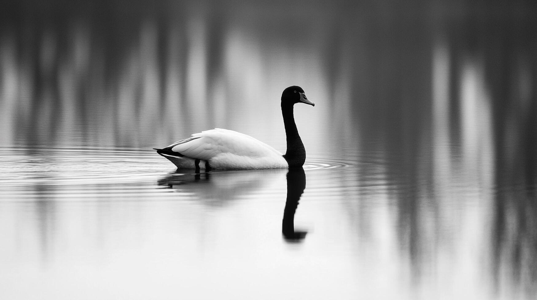 Monochrome swan portrait in the water. Its reflection creates a serene and symmetrical scene, complemented by soft light ripples. photo