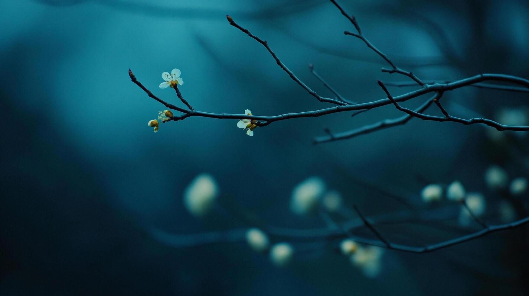 Close-up of delicate white flowers blooming on bare branches against a blurred blue backdrop, symbolizing springtime's tender beauty. photo