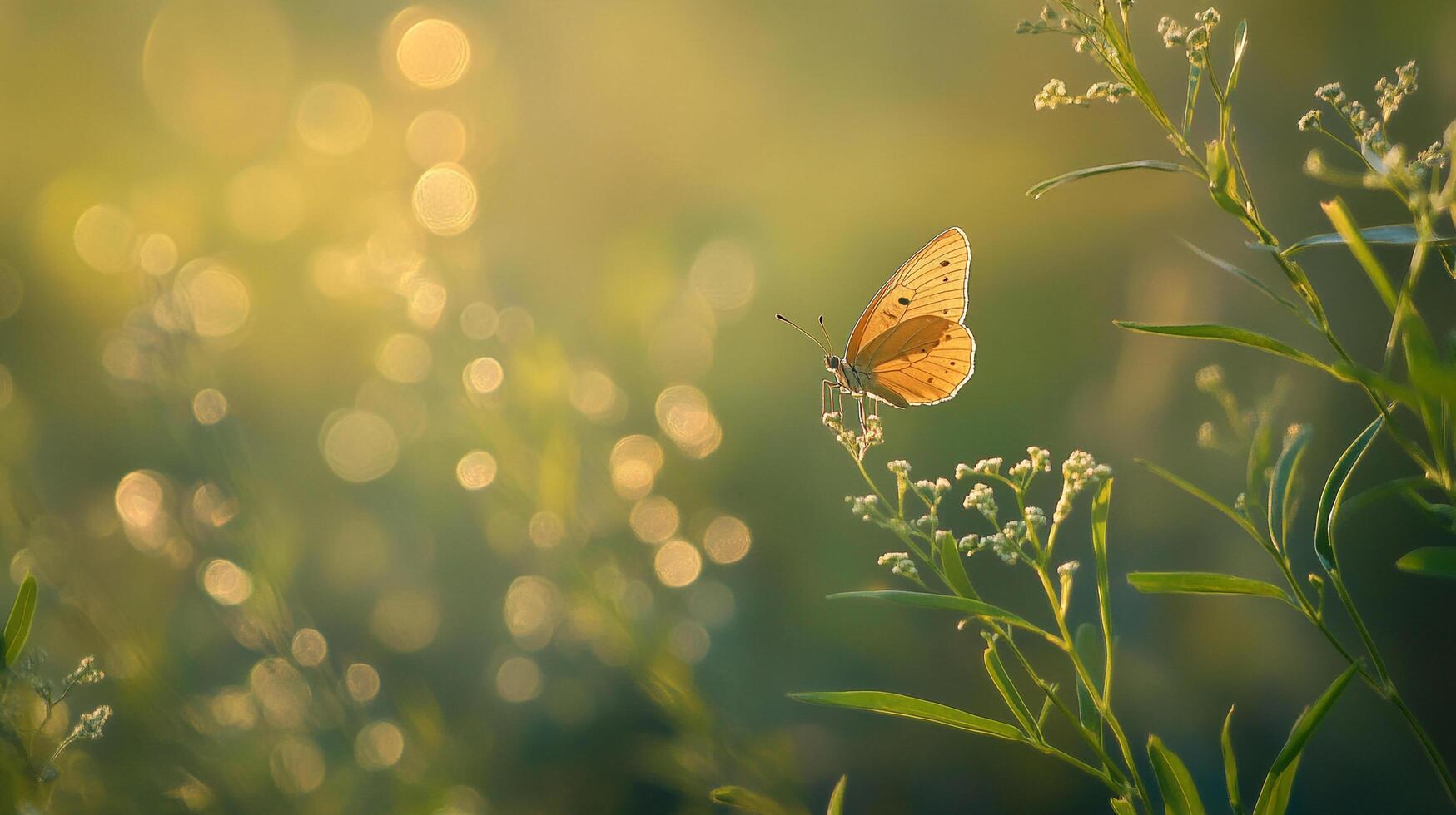 Golden butterfly resting gently atop a blossoming wildflower in the soft, filtered light of a serene, warm meadow. photo