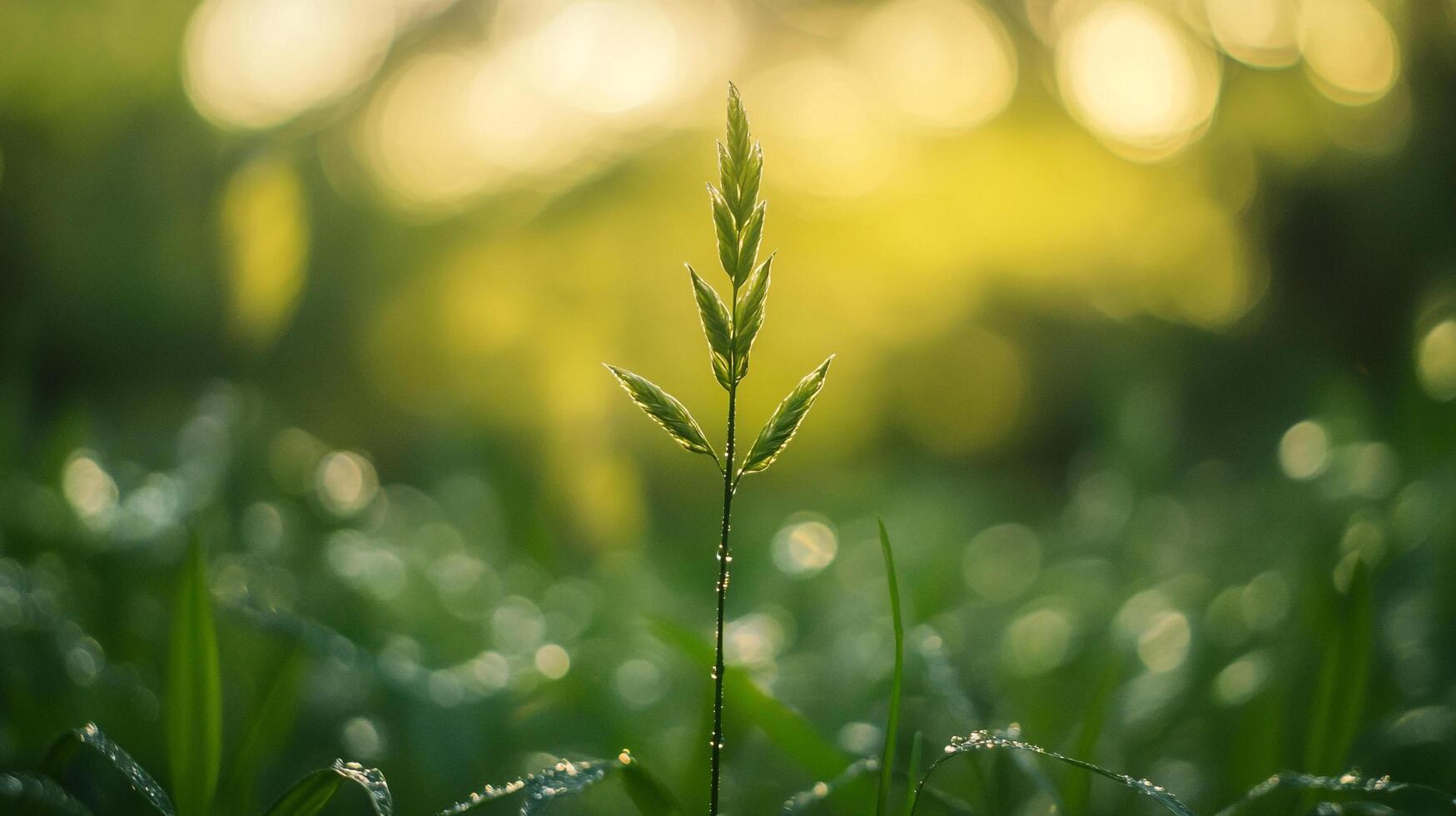 Isolated blade of grass covered in morning dew, illuminated by soft sunlight, captures nature's quiet beauty in a tranquil outdoor setting. photo