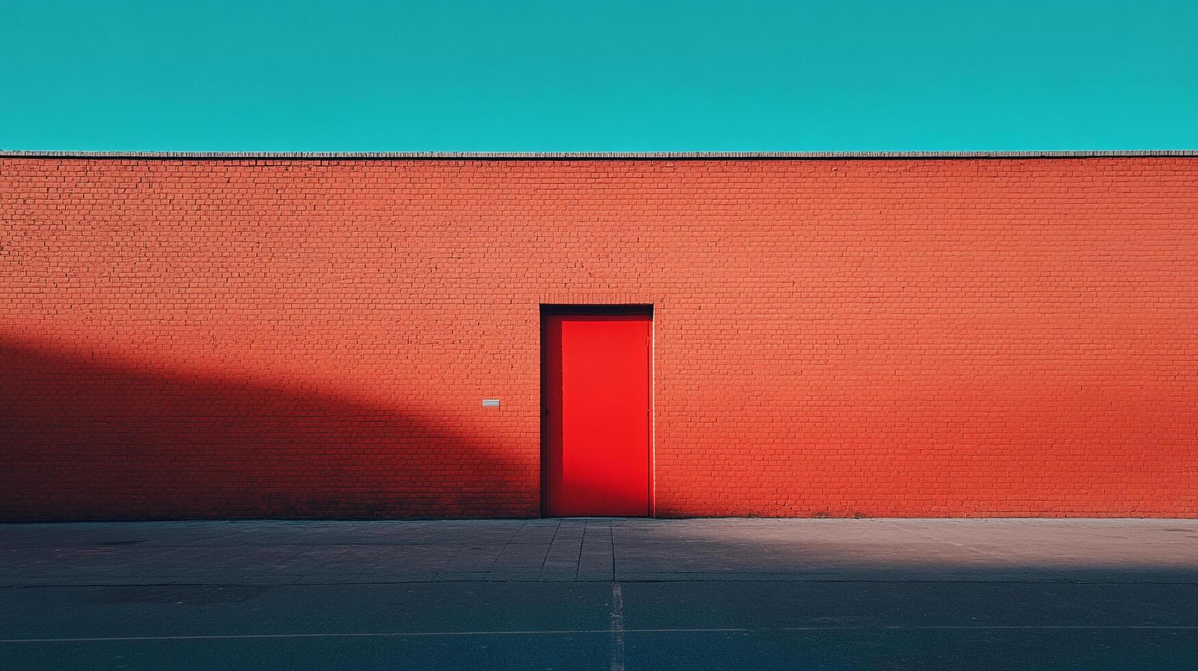 A red door nestled in a salmon-colored brick wall contrasts with the blue sky, creating a striking architectural composition. photo