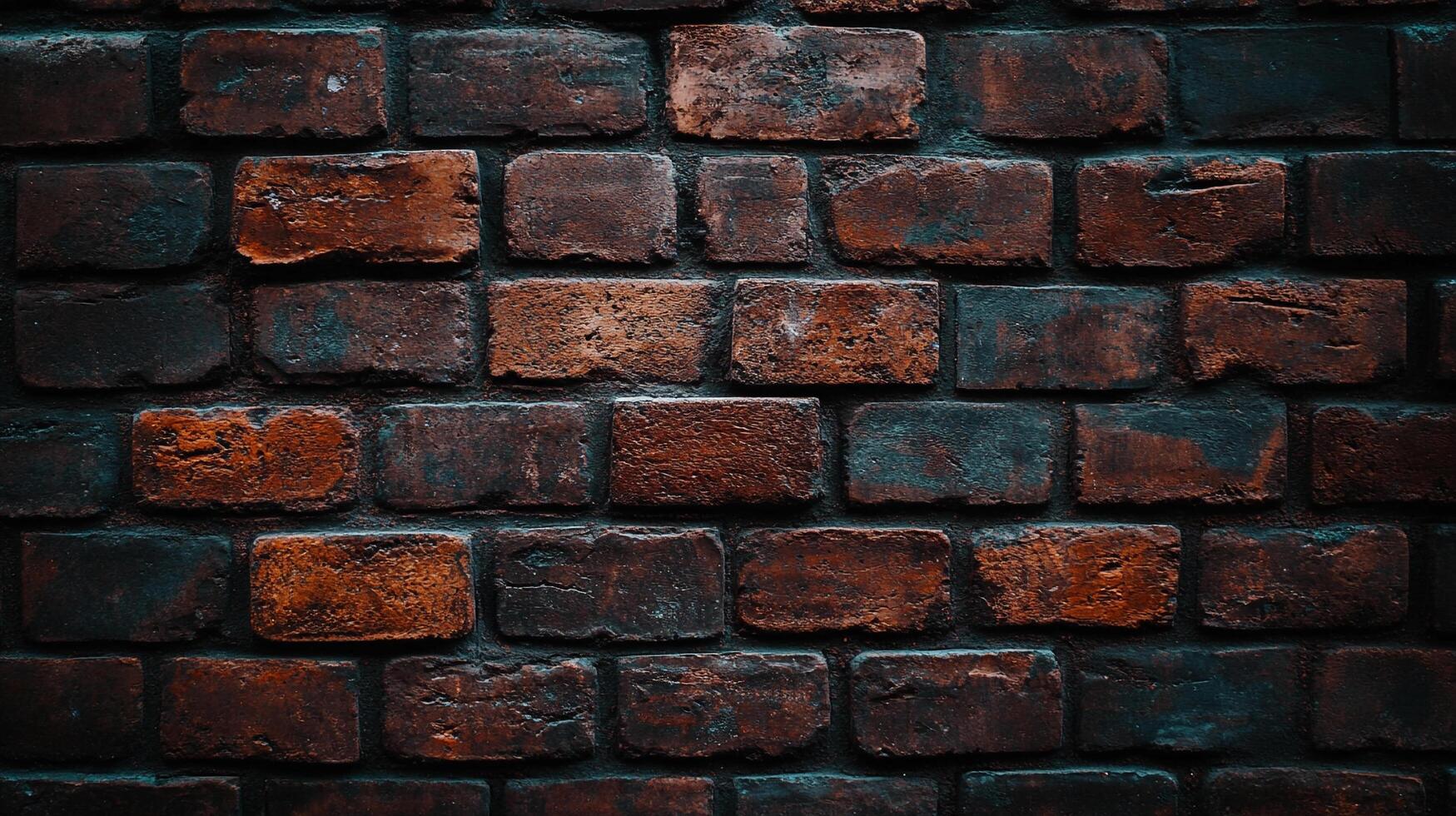Detailed brick wall texture with deep shadows, showcasing a blend of brown, red, and dark hues. Great for backgrounds and design elements. photo