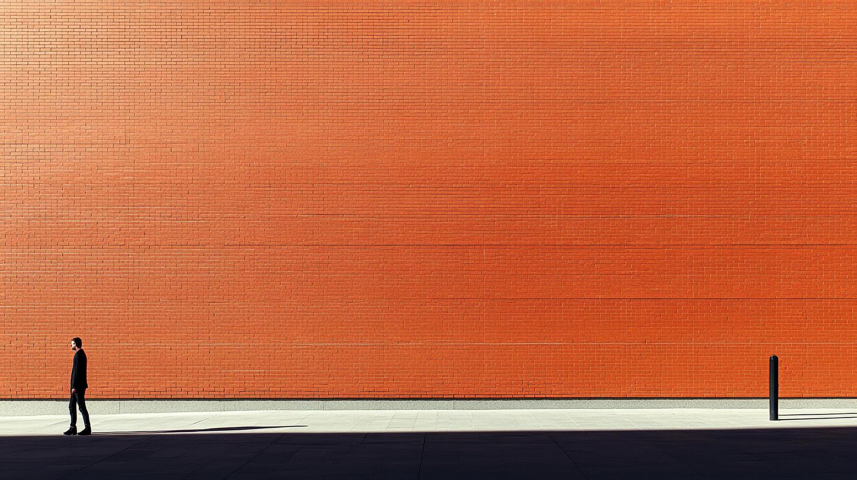 Lone figure walking beside a vibrant orange brick wall, casting a long shadow on the stark concrete pavement. Minimalist urban scene. photo