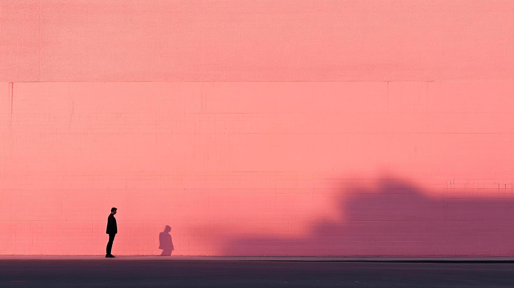 Minimalist scene with a solitary figure standing against a large pink wall, casting a shadow alongside a larger, indistinct shape. photo