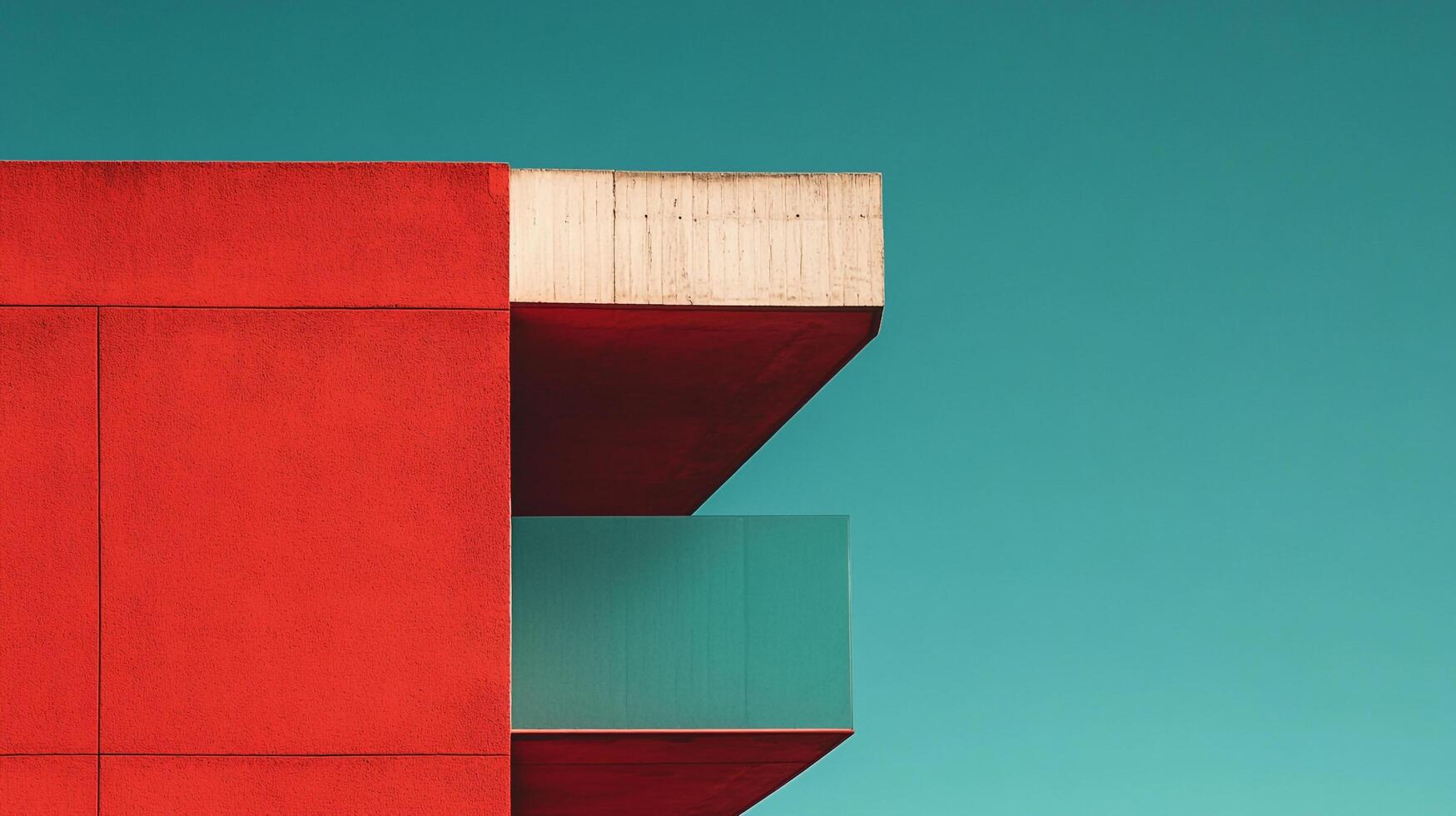 Modern architecture featuring striking red walls, white and teal accents, contrasted by a calm teal sky. Geometry and color harmony. photo