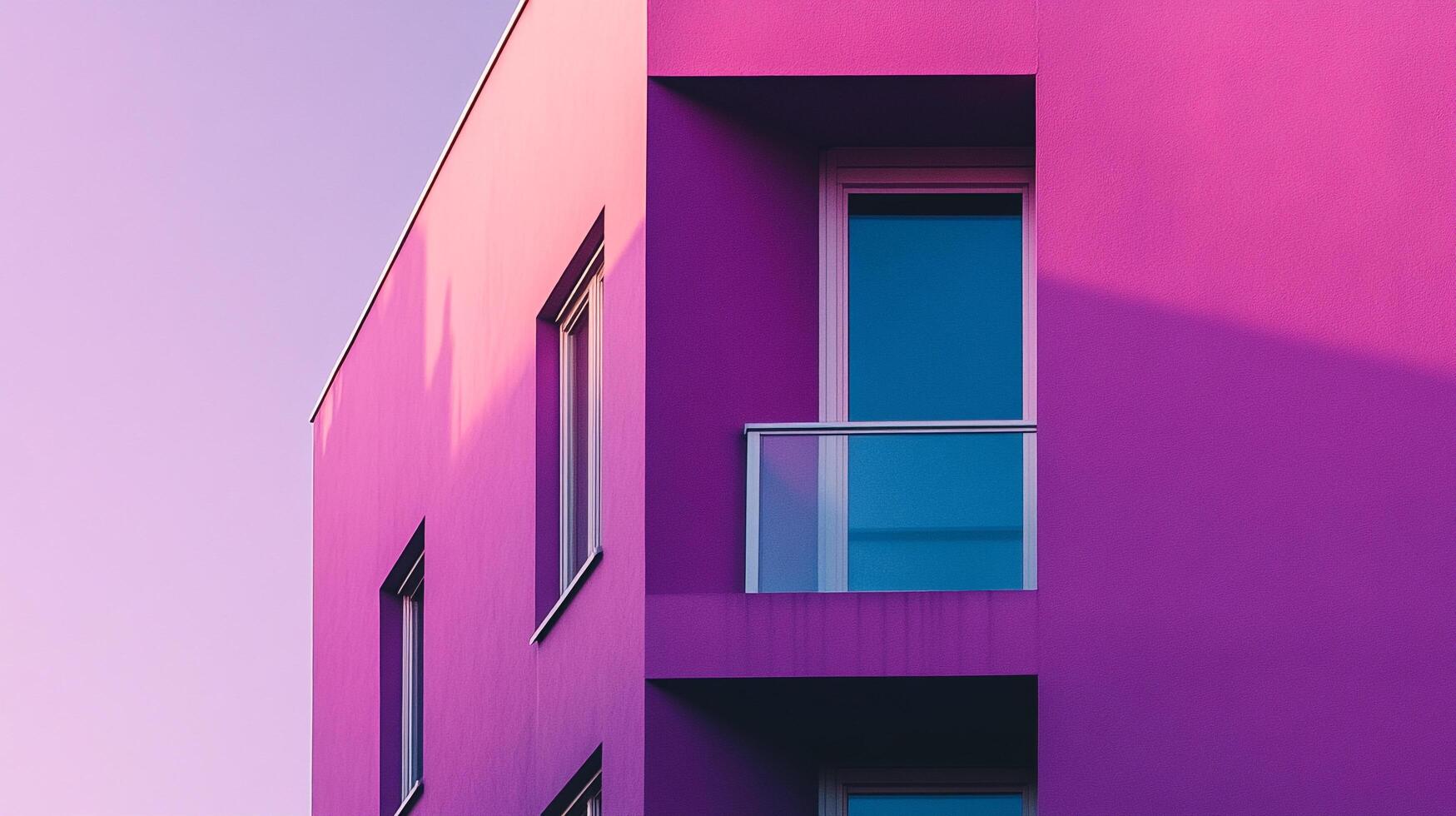 A modern building with pink and purple hues, reflecting a minimalist architectural style and vibrant color palette in an urban environment. photo