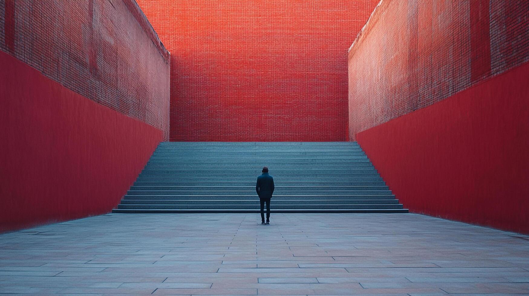 Solitary figure facing imposing staircase and monumental red walls. Perspective architecture evokes feelings of isolation and scale. photo