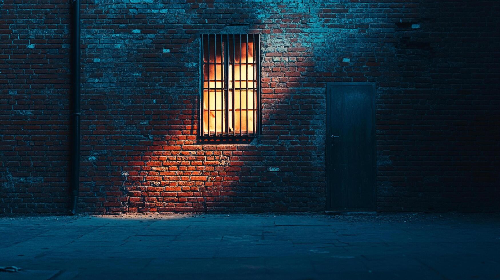 Illuminated window behind bars casts a warm glow on a textured brick wall, juxtaposed with a dark doorway in a deserted urban scene. photo
