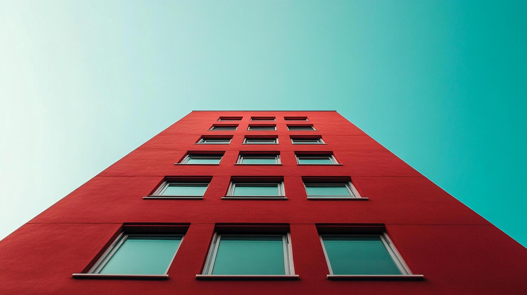 Vibrant red building facade with symmetrical window arrangement contrasting against a turquoise sky, viewed from a low-angle perspective. photo