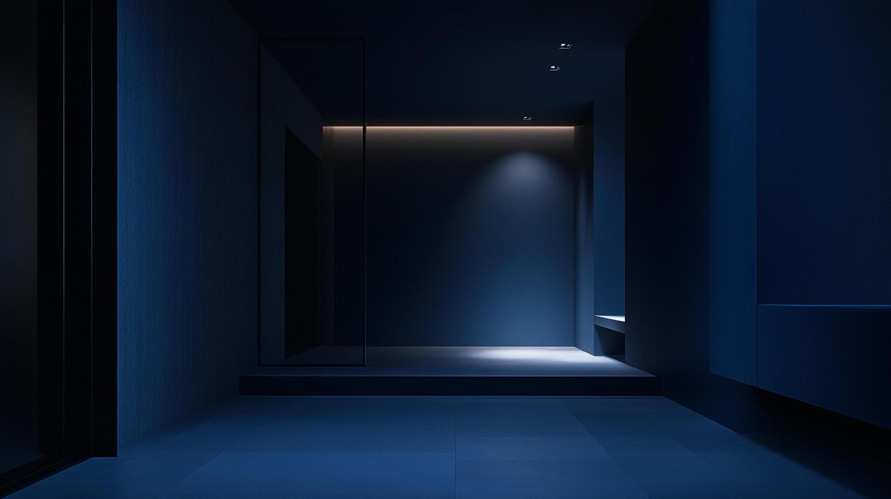 A modern, minimalistic blue space with clean lines, subtle lighting, and a sense of tranquility. The architecture is simple and elegant. photo