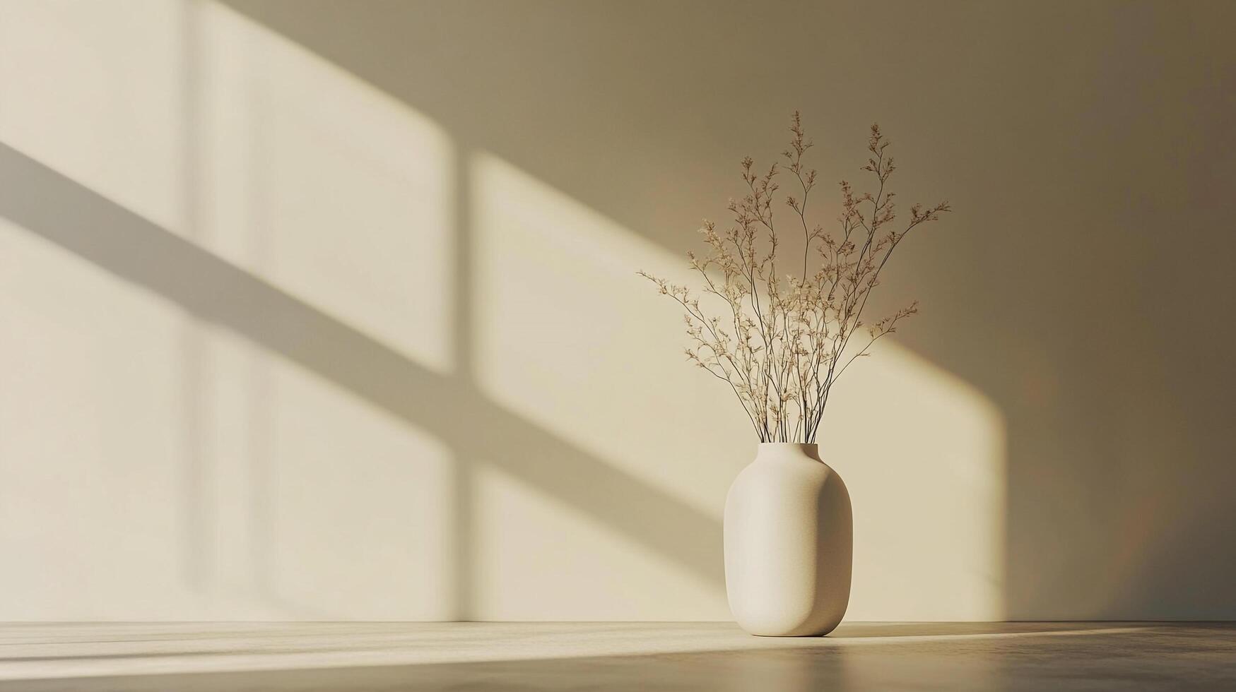 Minimalist floral arrangement in warm light. Delicate stems in a simple vase create a serene, modern aesthetic on a sunlit surface. photo