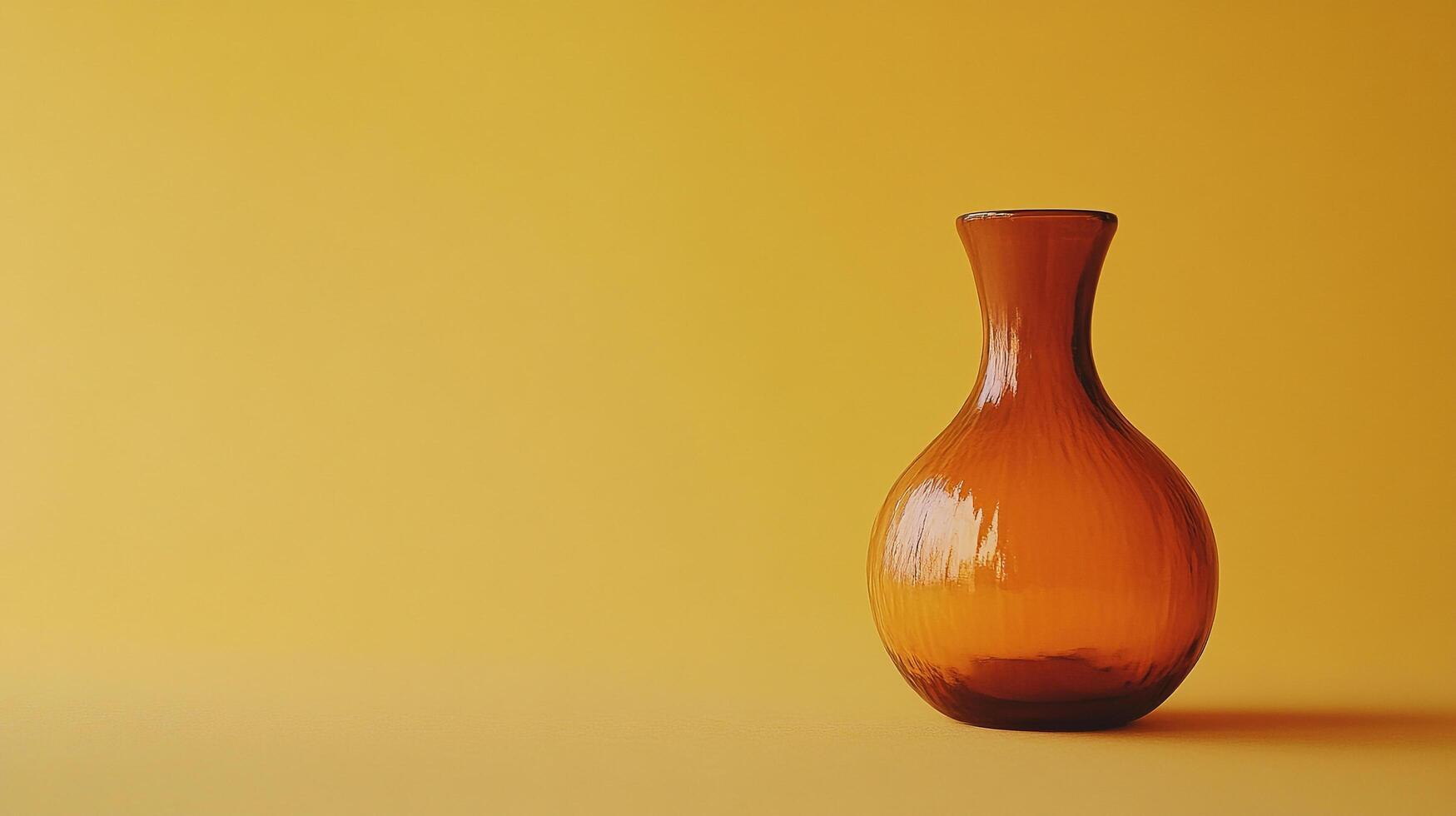 Amber-toned glass vase standing against a simple yellow background, a display of minimalist aesthetics and warm color tones. photo