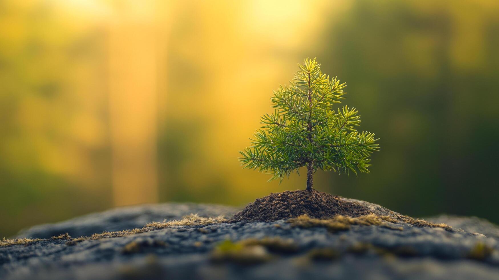 A tiny green sapling emerges from a rocky surface against a softly blurred forest background, symbolizing growth and resilience in nature. photo