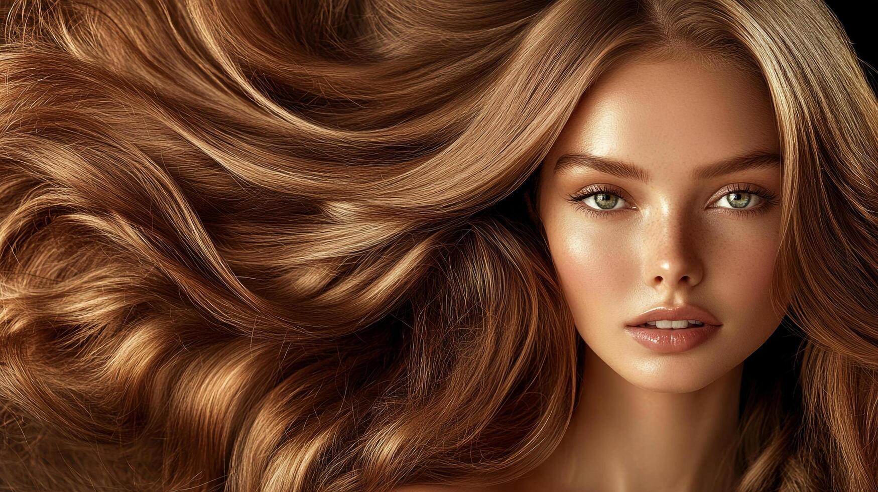Stunning woman with flowing, golden-brown hair, showcasing a beautiful face with light eyes and a radiant complexion. photo