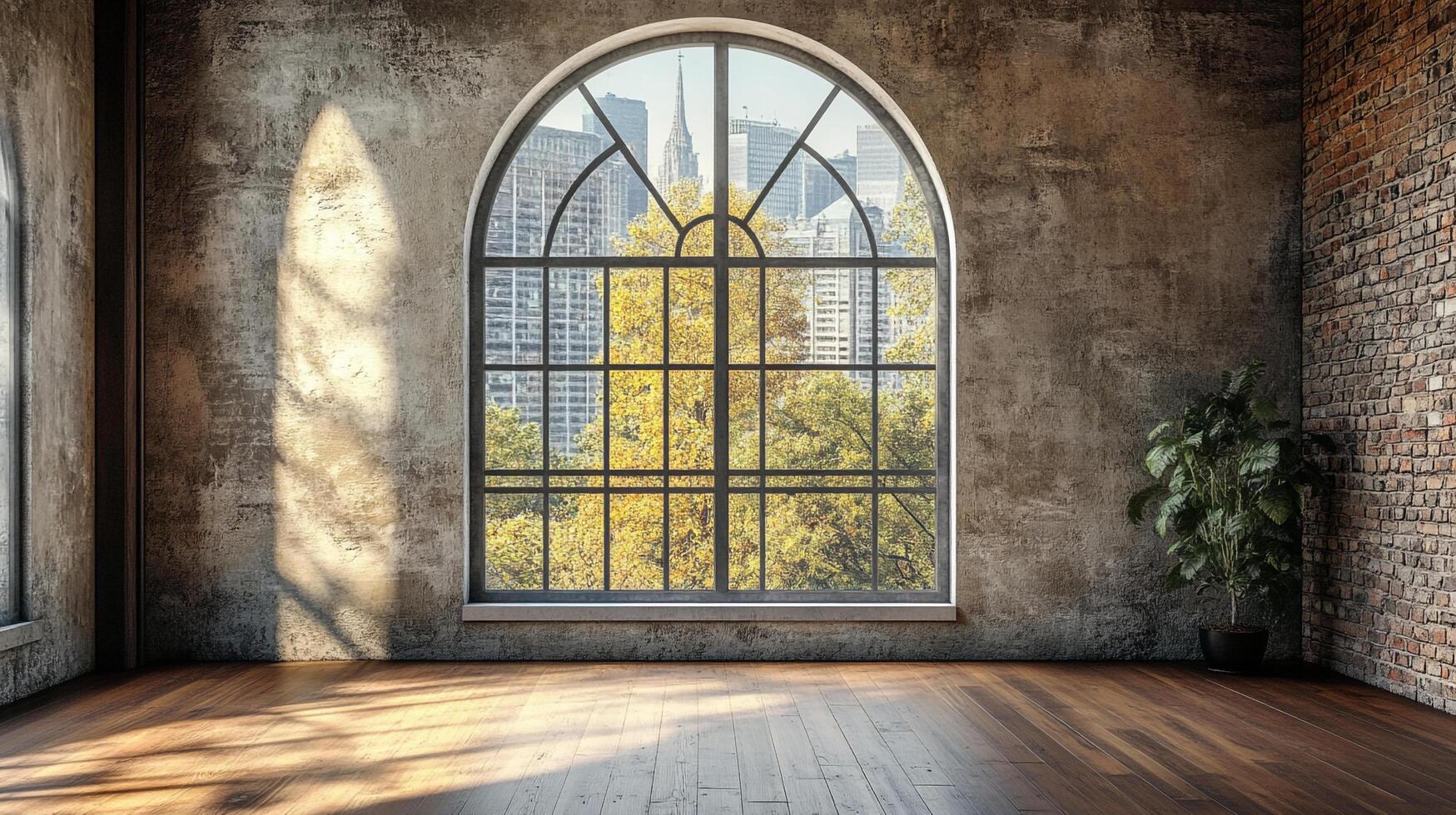 Sunlit industrial loft with large arched window offering a stunning cityscape view, blending urban and natural elements in a bright interior. photo