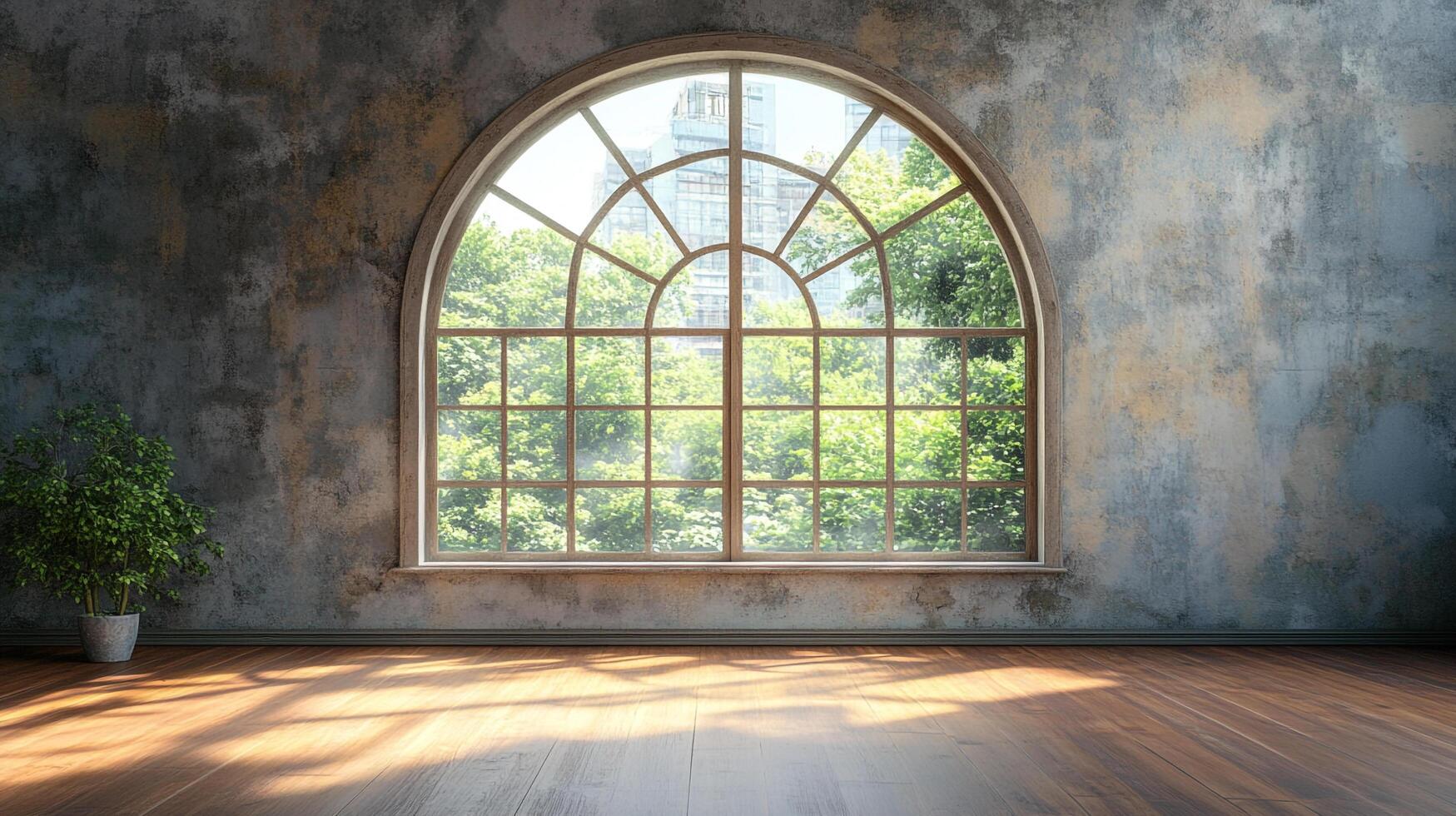 Sunlit room with rustic walls and a large arched window framing a view of trees and a building. A potted plant sits in the corner. photo