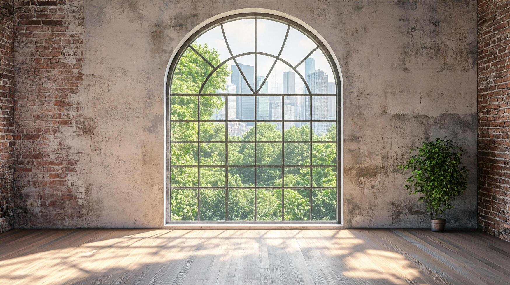 Spacious loft interior with a large window offering city views surrounded by trees, blending urban and natural elements in bright room. photo