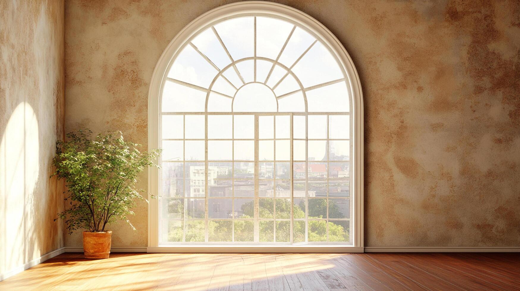 Bright room with a large arched window offering a city view, potted plant in the corner, sunlit wooden floor and textured walls. photo