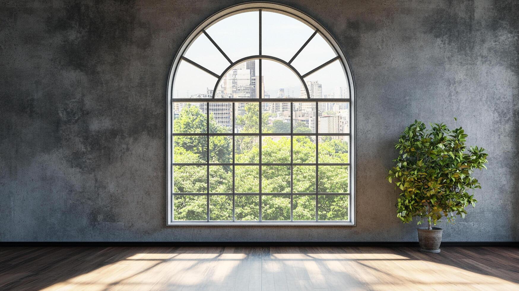 An arched window in a room with a tree. View includes leafy trees, buildings, and skylines. Sunlight streams in from the large window. photo