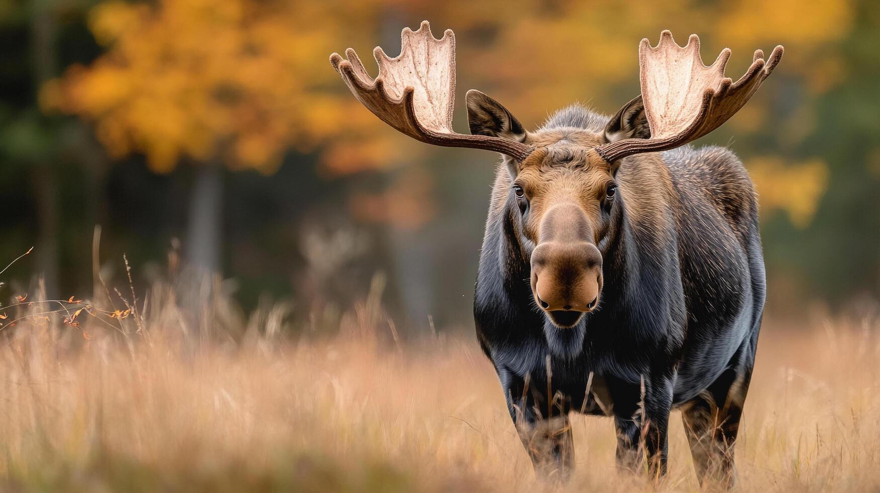 Majestic moose portrait, standing tall in a golden field. Nature's gentle giant showcasing its impressive antlers in autumn ambiance. photo