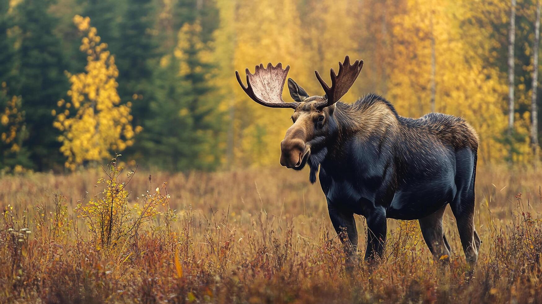 Majestic moose amidst autumnal foliage. Wildlife in nature. A big, strong moose in the colorful landscape, evoking wilderness. photo