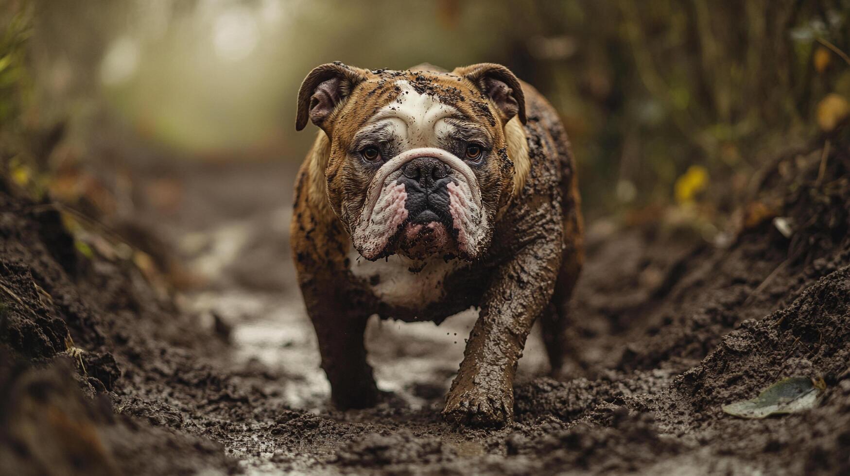 Muddy bulldog bravely strides forward, showcasing determination and resilience on a challenging outdoor path. photo