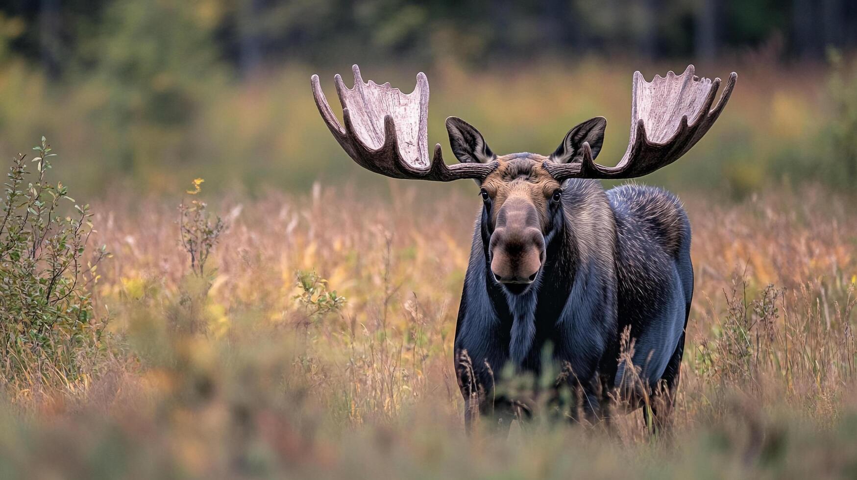 Majestic moose standing tall in a field of golden grass. Nature's beauty on full display, showcasing its powerful antlers. photo