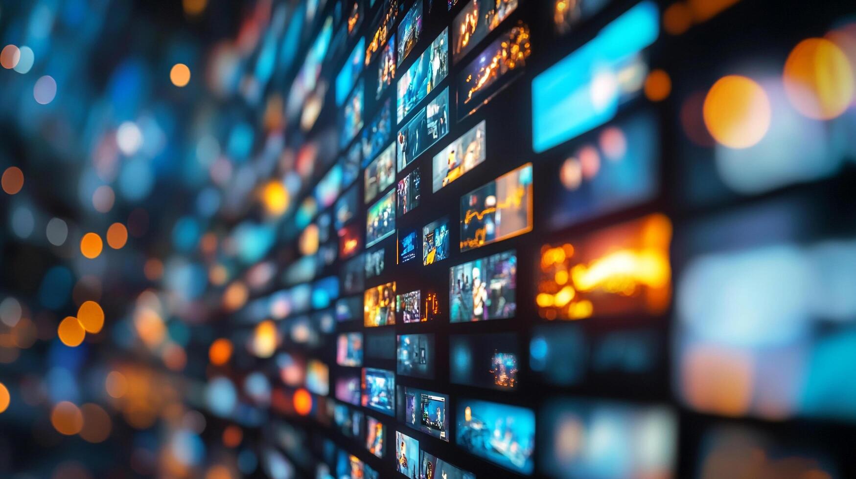 Display wall featuring many screens showcasing various vibrant videos and images against a blurred blue and orange background. photo
