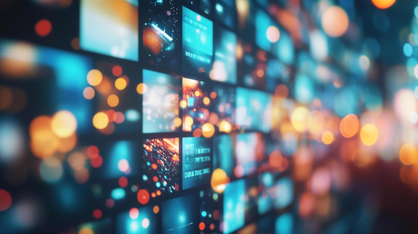 Abstract display of multiple screens with vibrant digital patterns and bokeh effects creating a dynamic, modern visual experience. photo