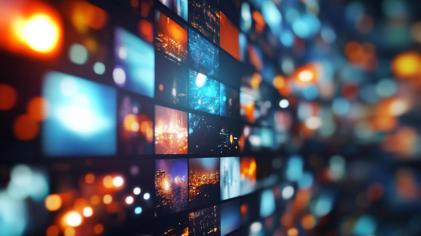 Illuminated screens showcase a vibrant display of lights and cityscape images, reflecting modern technology and captivating visuals. photo