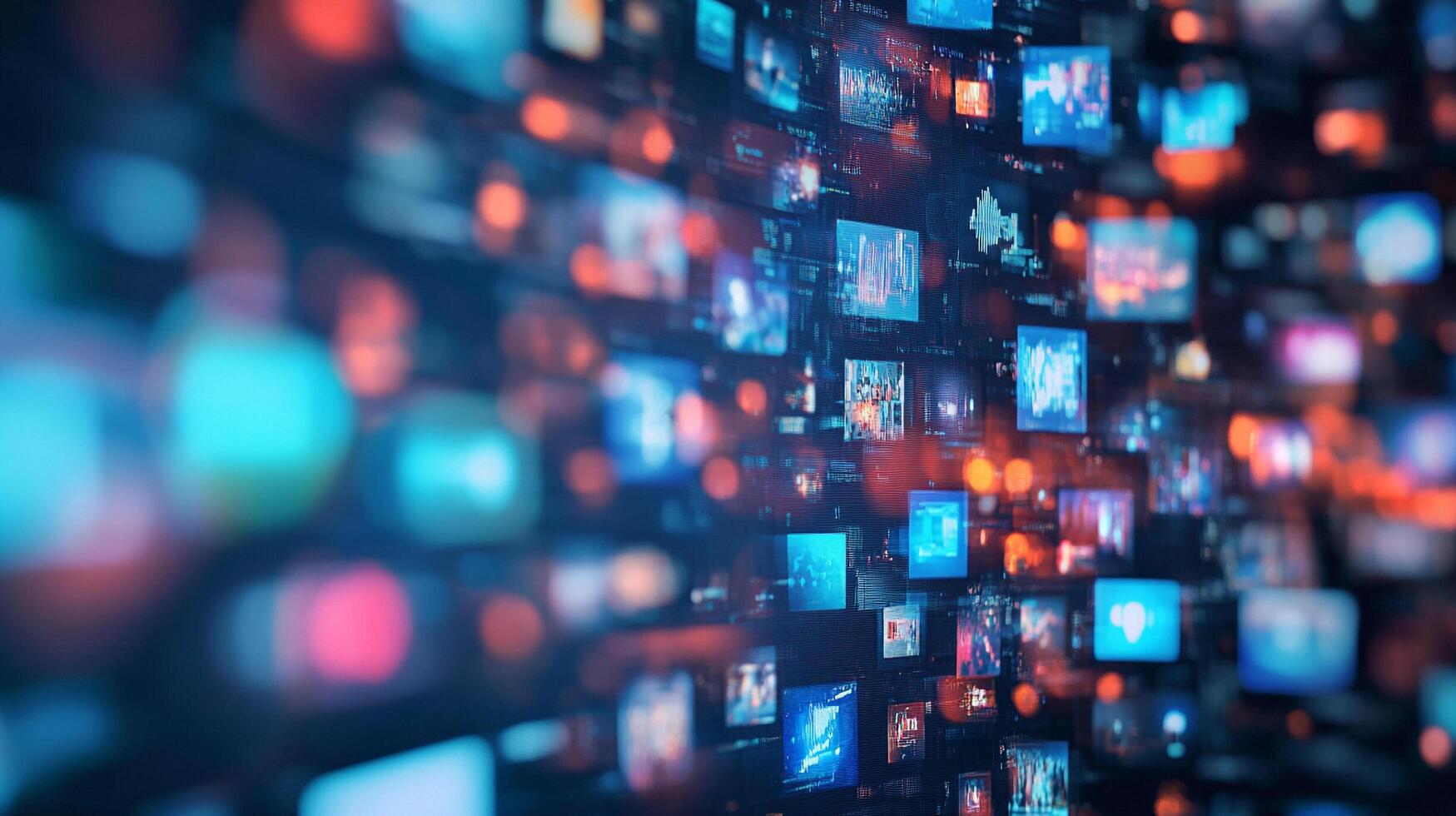 Digital display of a large screen with many different smaller windows. Focus on the many images on the screen with bright light. photo