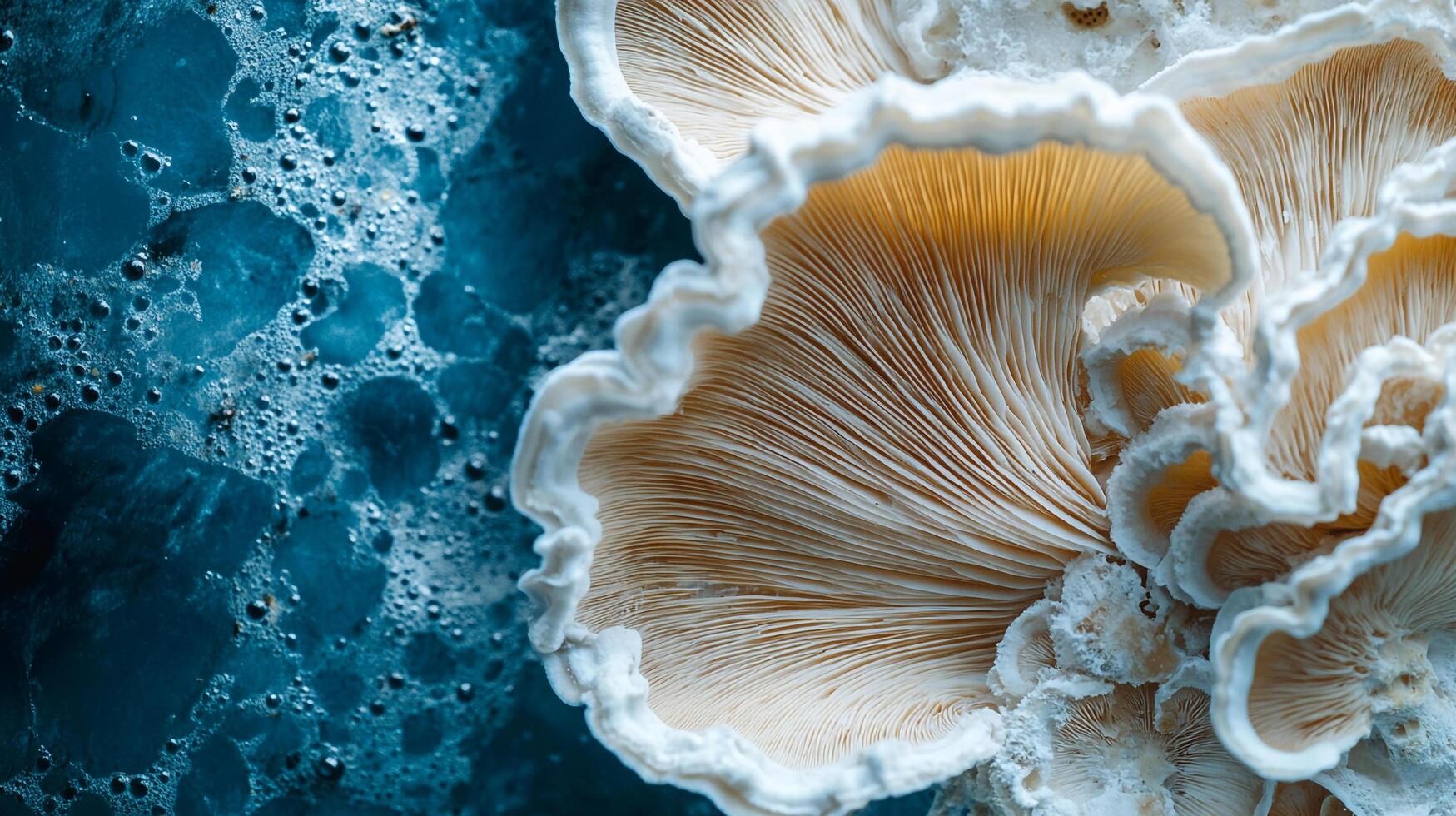 Oyster mushrooms macro, highlighting their gill structures and textured edges, contrasted with a blurred blue background. Nature's artistry. photo