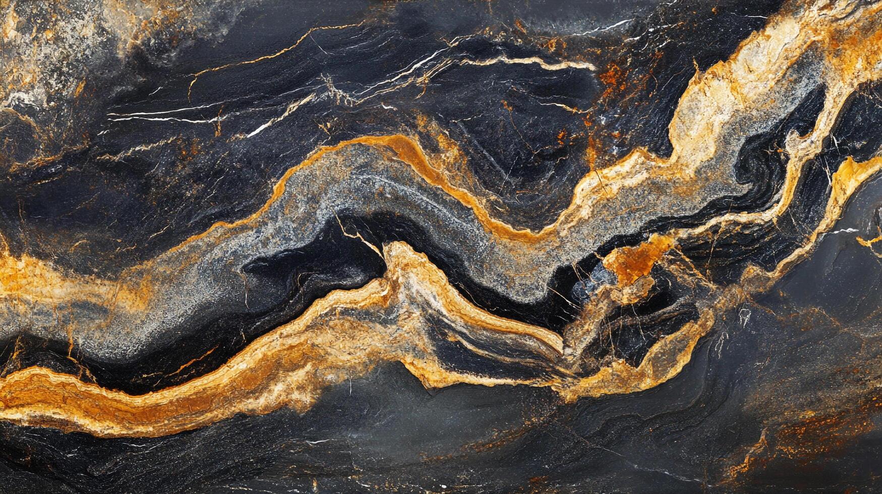 An abstract, nature-inspired pattern with striking black, gold, and grey tones. It resembles a marbled surface or natural rock formation. photo