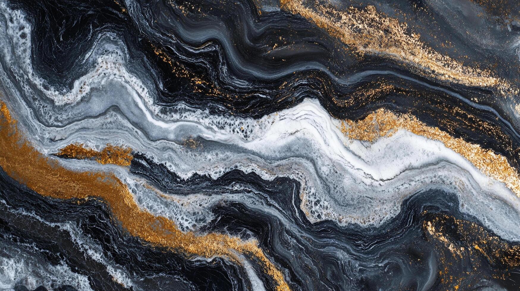 Abstract marble-like background with dynamic swirls of black, white, grey, and gold, creating a sense of depth and luxury. photo