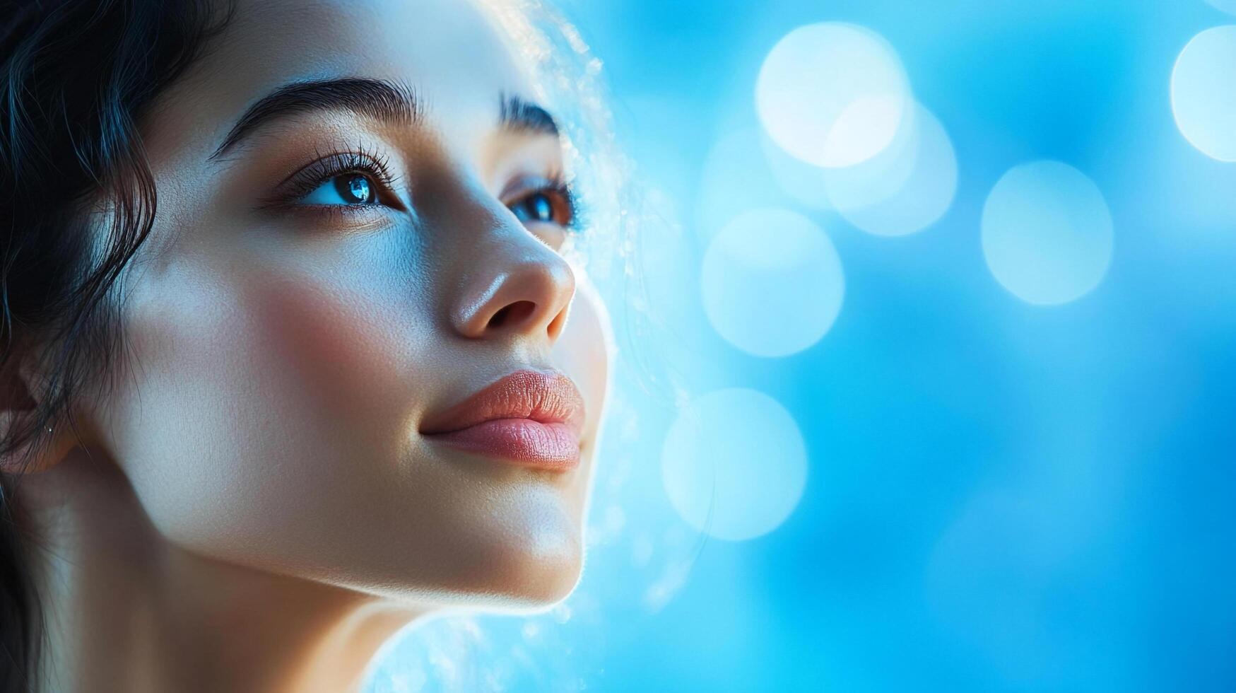 Elegant woman with striking blue eyes gazes upward, soft light enhancing her features against a cool blue bokeh background. Serene beauty. photo