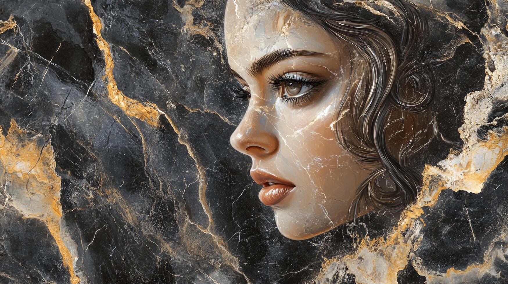 A surreal portrait with a woman's face merging with veined marble texture, creating a striking and ethereal beauty. photo