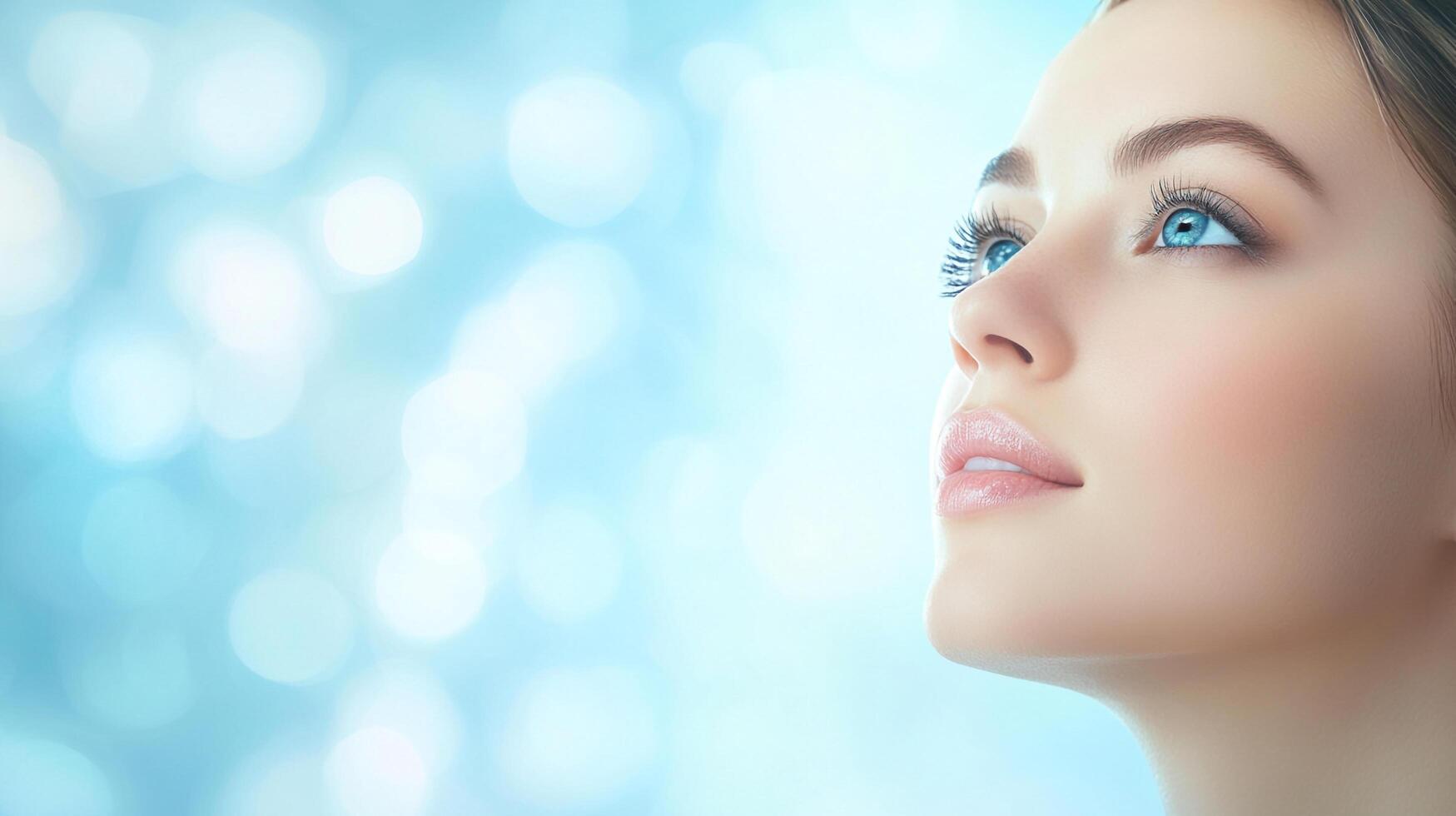 Elegant female portrait with captivating blue eyes gazing upwards against a soft, dreamy bokeh background. Youthful beauty. photo