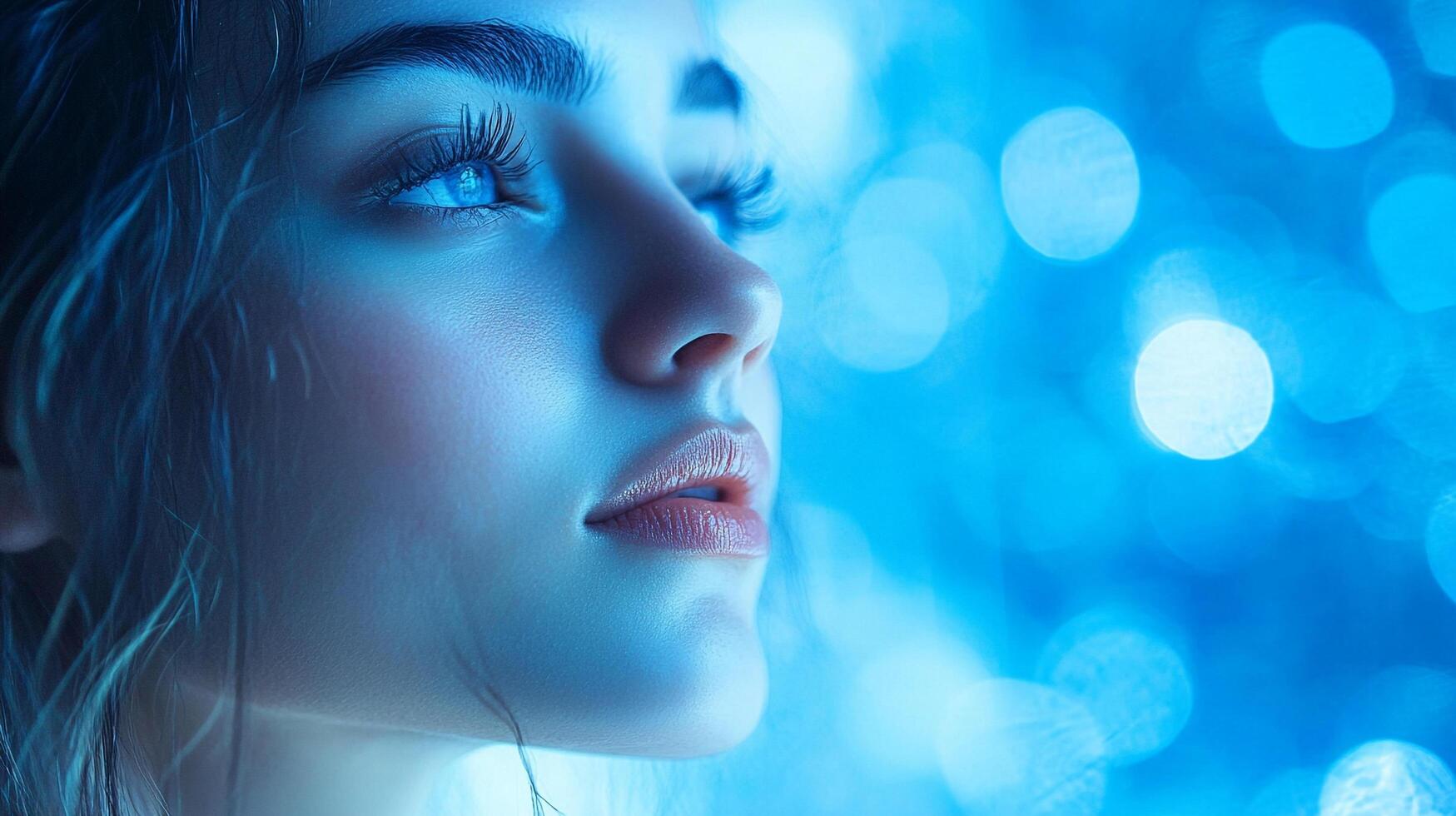 A captivating portrait bathed in shades of blue, showcasing a woman's serene profile against a backdrop of ethereal bokeh lights. photo