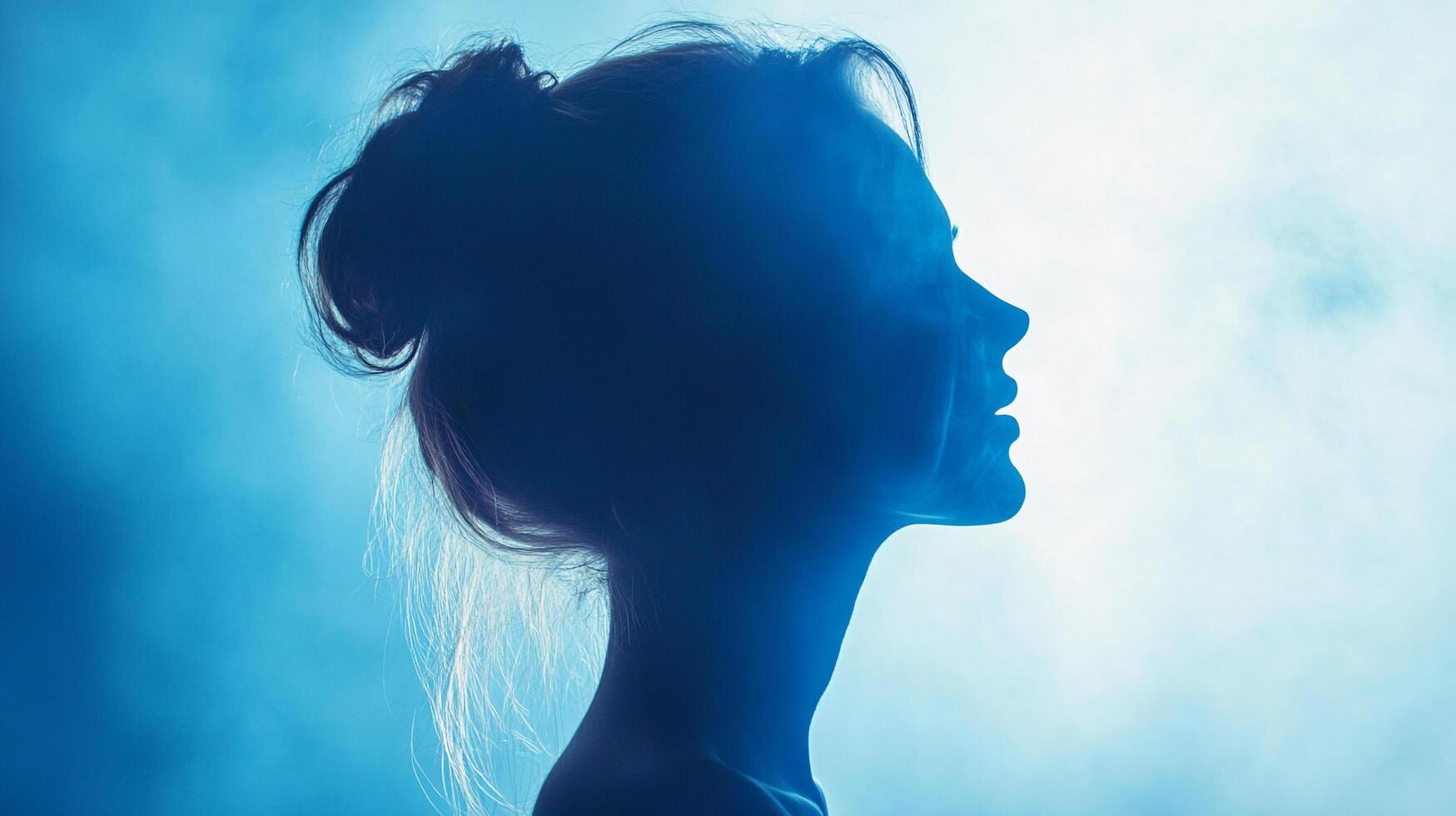 Silhouette of a woman's profile against a dreamy blue background. Hair is in a bun, focus on the contrast and serene mood. photo