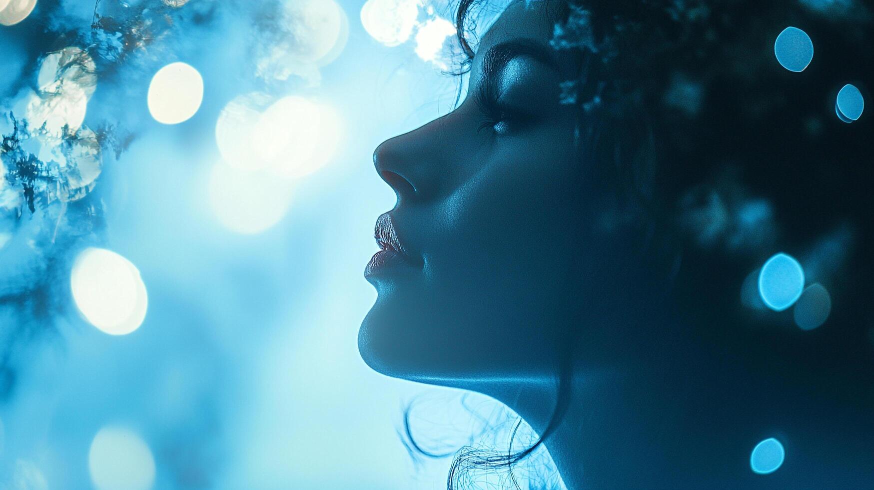Pensive beauty bathed in ethereal blue light, a portrait of serene contemplation. A timeless and captivating visage. photo