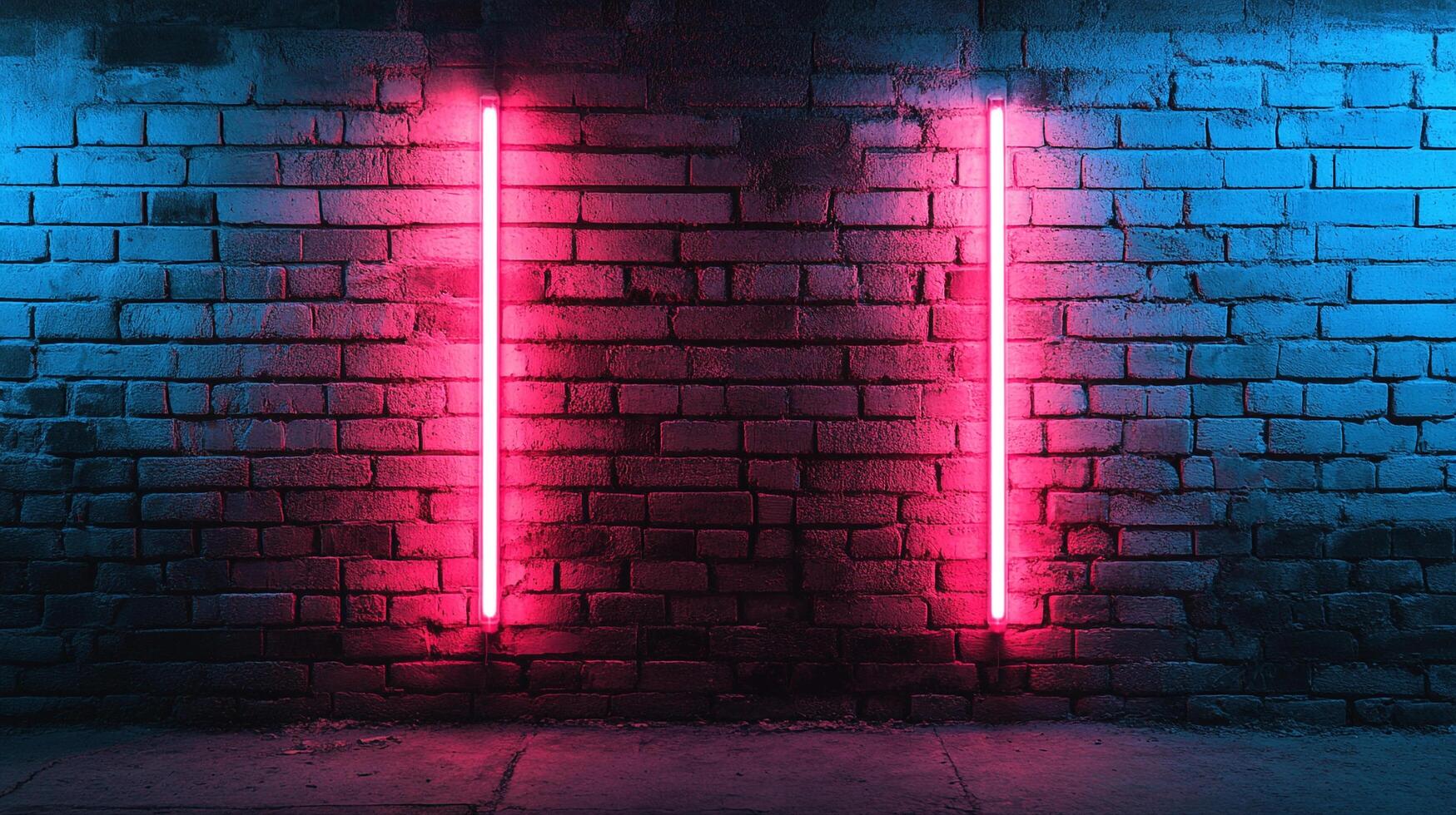 Retro aesthetic with vibrant pink neon tubes against a rustic brick wall bathed in contrasting blue lighting creating a captivating visual. photo