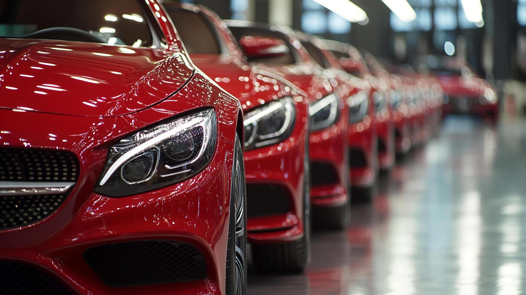 A striking lineup of identical red automobiles gleaming under bright lights, exhibiting luxury car design and modern automotive engineering. photo